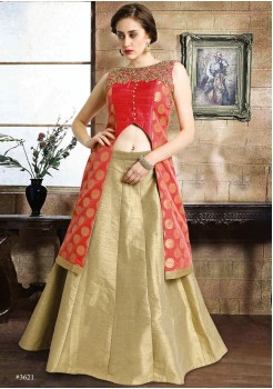RED AND GOLD COLOR ART SILK LEHENGA STYLE DRESS